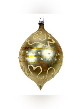 Vintage West Germany 4.5” Gold Glass Teardrop Christmas Ornament Mica Squiggles